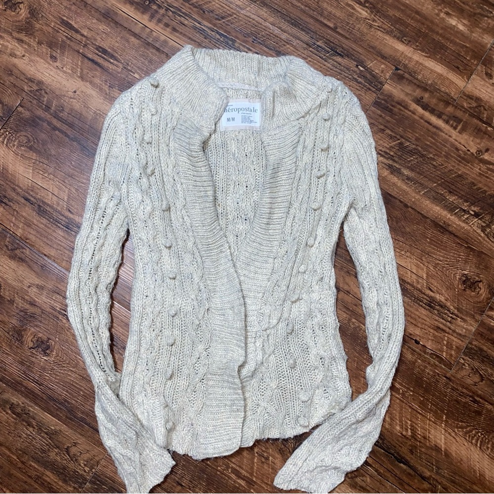 Aeropostale Y2K Cream Knit‎ Wool Blend Open Front Sweater Womens Medium